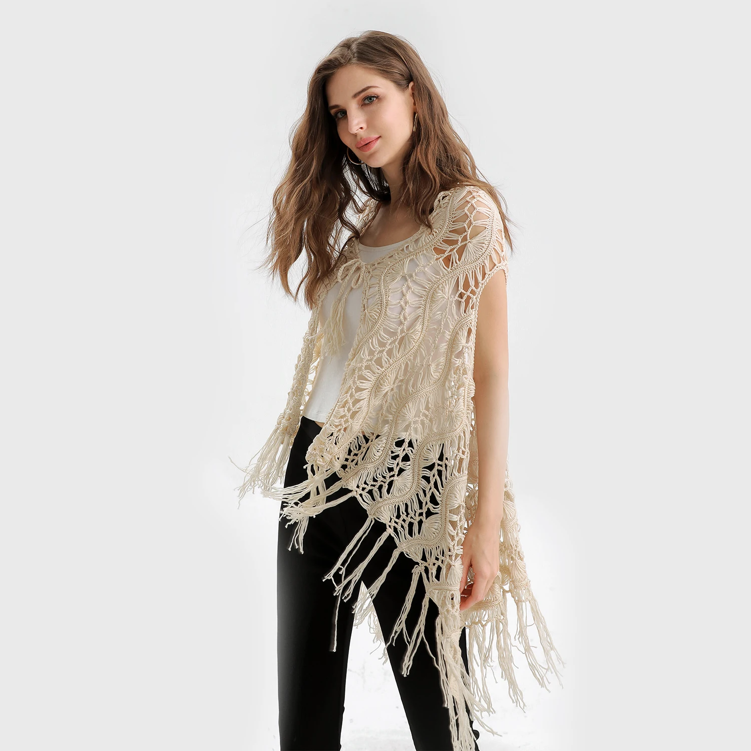 

2021 New Ladies Free Size Cardigan Fringe Handmade Shrug Beach Crochet, Customized color