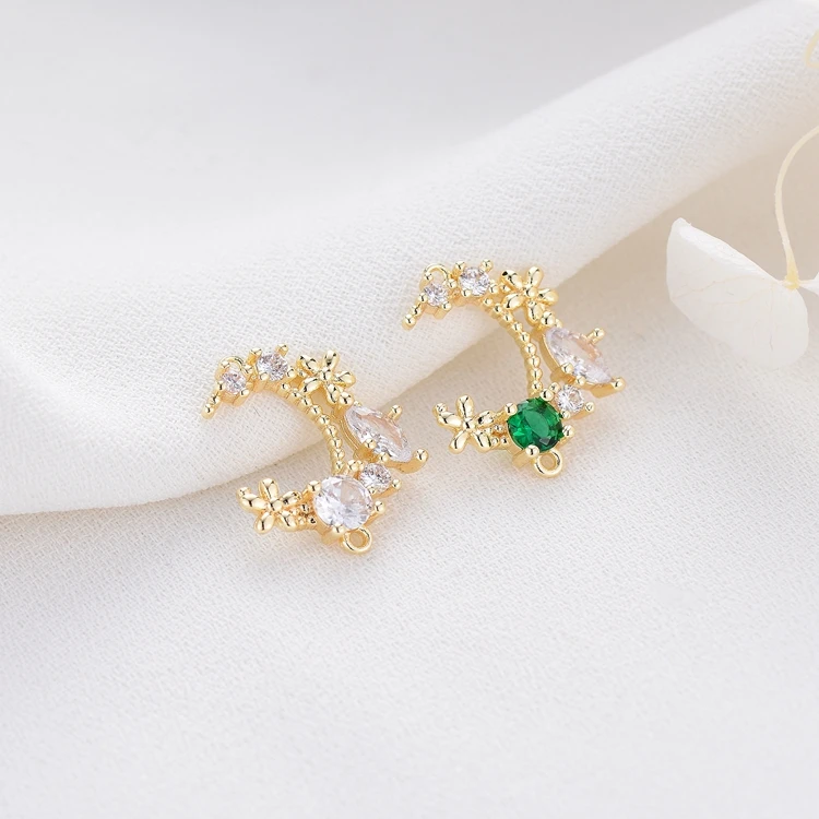 

New Design 14K Gold Plated Double Hanging Moon Shape Inlaid Green White Zircon Charm for Jewelry Making