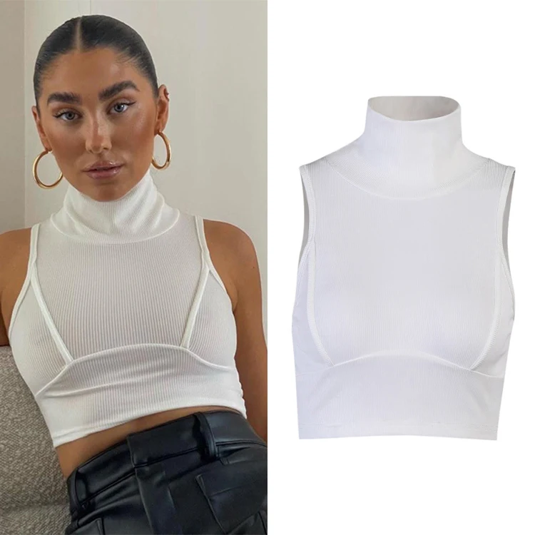 

Summer New Arrivals 2021 Women Clothing Cotton Turtleneck Ribbed Tank Top Bodycon Sexy White Crop Tops