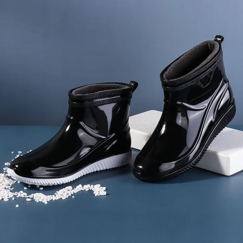 

Top quality rubber rain boots men's tube anti skid chef kitchen safety garden shoes PVC classy ankle galoshes with cotton padded, Black-black,black-white,blue-blue,blue-white