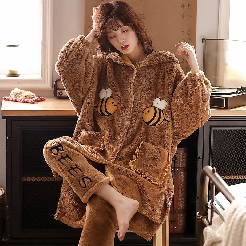 

Autumn and Winter Women's Long-sleeved Cardigan Hooded Pajamas To Keep Warm and Thicken Plus Velvet Home Service