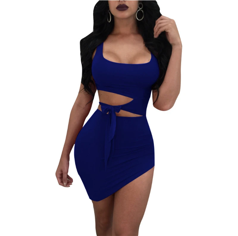

Nightclub Bodycon Dress Women's Sexy Waist Hollow Out Knotted Sleeveless Solid Color Dress