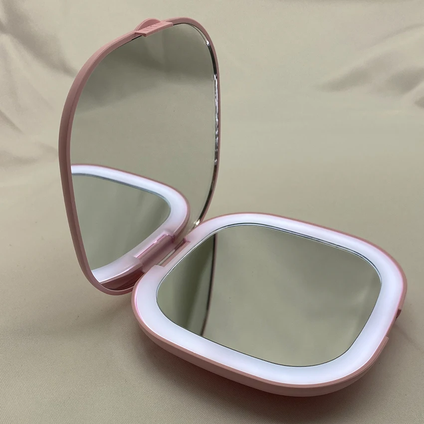 

Custom Modern Small Quadrate Mini USB LED Light Pink Blue White Green LED portable makeup vanity mirror miroir