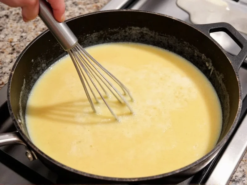 Whisking milk into golden roux in skillet