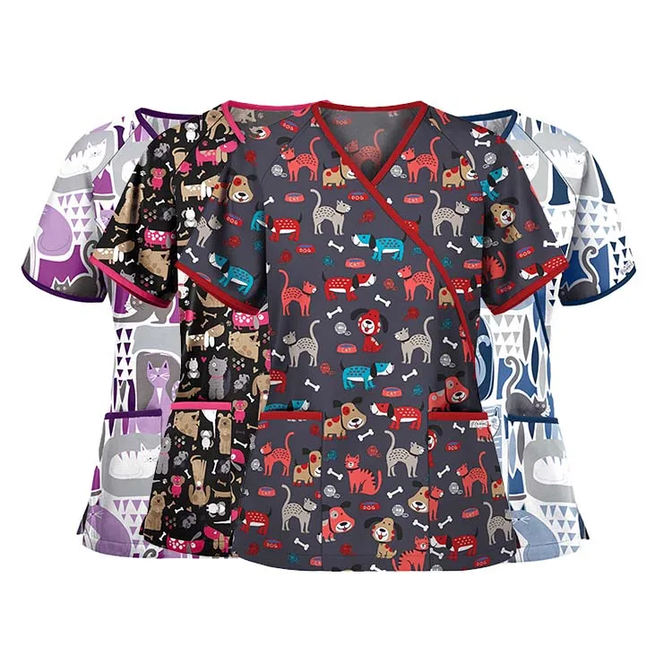 

Cartoon Waist Strap Medical Scrubs Nursing Uniforms Printed Tops For Women, Multi colors
