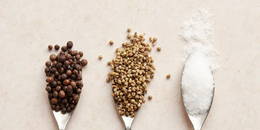 Garlic, black pepper, and salt on wooden table