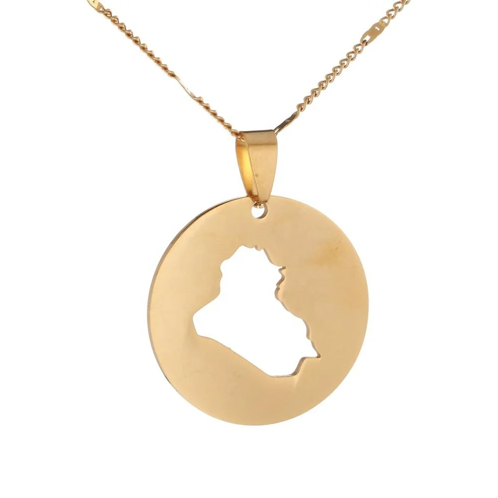 

Stainless Steel Round Iraq Map Pendant Necklaces Gold Color The Iraqi People's Jewelry