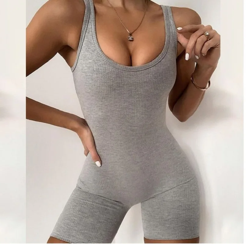 

Summer Rompers Casual Solid Colors Bodycon Sleeveless Jumpsuits Sporty Workout Skinny Wear Women One Piece Jumpsuits, Black,gray