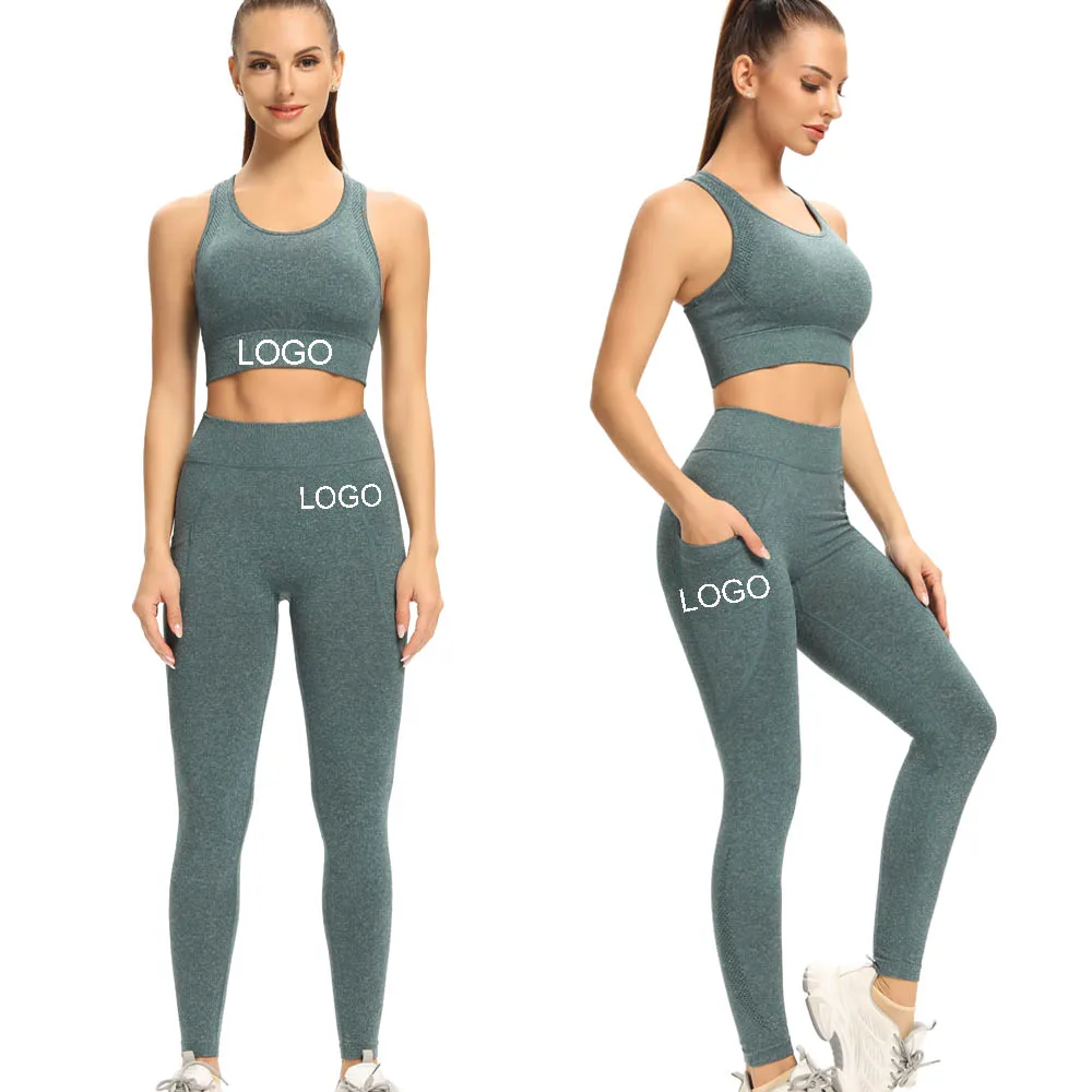 

Customized XL 2 Pieces Workout Seamless Yoga sets Fitness Gym Women Print Women's Activewear High Impact Bra Legging with Pocket