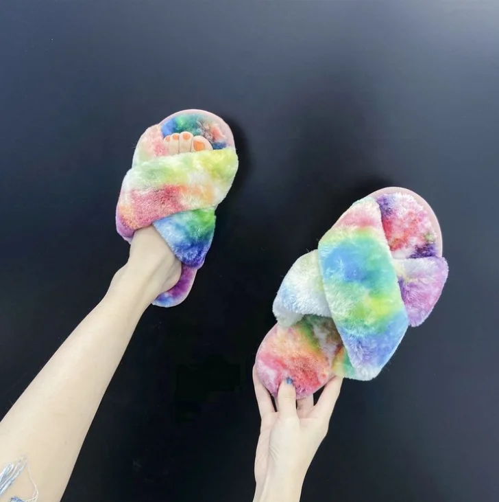 

Winter Warm Faux Fur Fluffy House Woman Indoor Fur Slippers Ladies Cross Soft Fashion Plush Female Open Toe Furry Slipper, Yellow red blue black grey pink brown leopard colorful