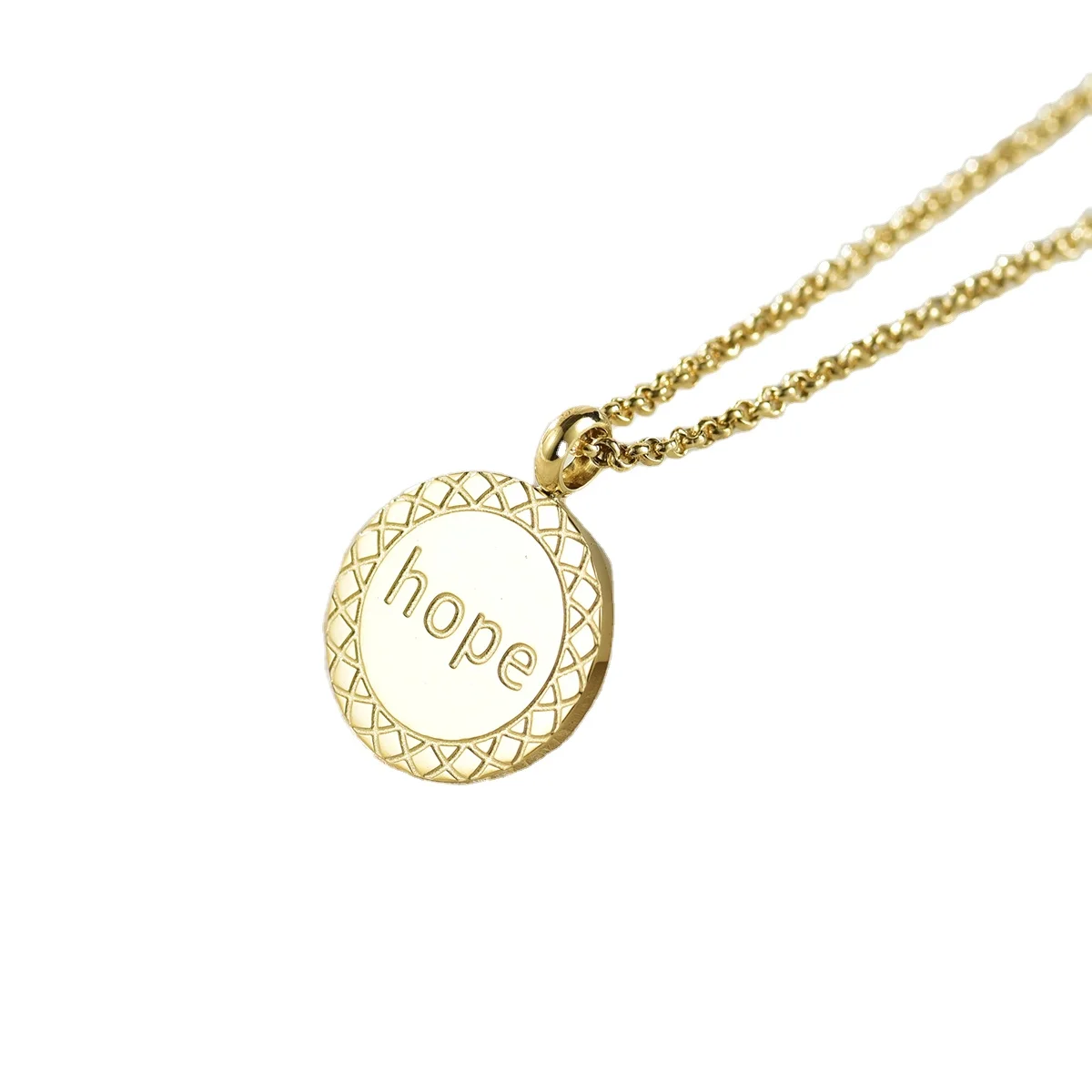 

Wholesale Custom Initial Stainless Steel Love Hope Gold Round Coin Disc Pendant Letter Text Engraved Necklace