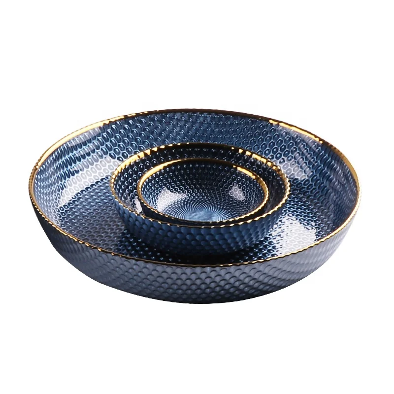 

wholesale High Quality Luxury Blue Color Glass Dinner Plate Glass bowl Tableware for Restaurant