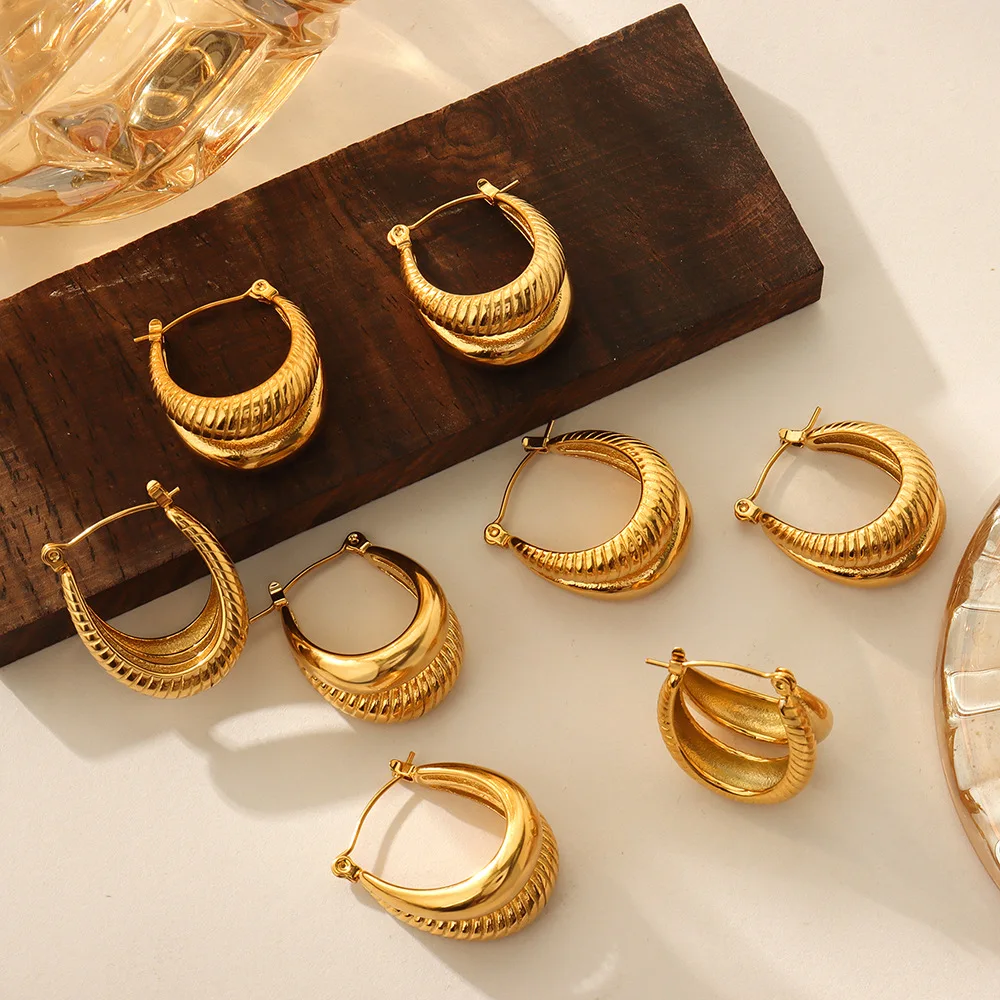 Trendy 18K Gold Plated U Cross Grain Double-layer Statement Hoop Earring for Women Stainless Steel Earring Wholesale