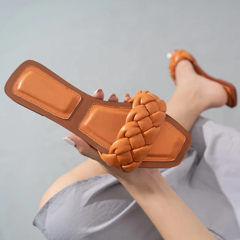 

Women Knit Weaving Plait PU Black Green Orange Beige Wholesale Slides Sandals Plus size Open Toe Fashion Summer Shoes Slippers, Green black apricot orange beige