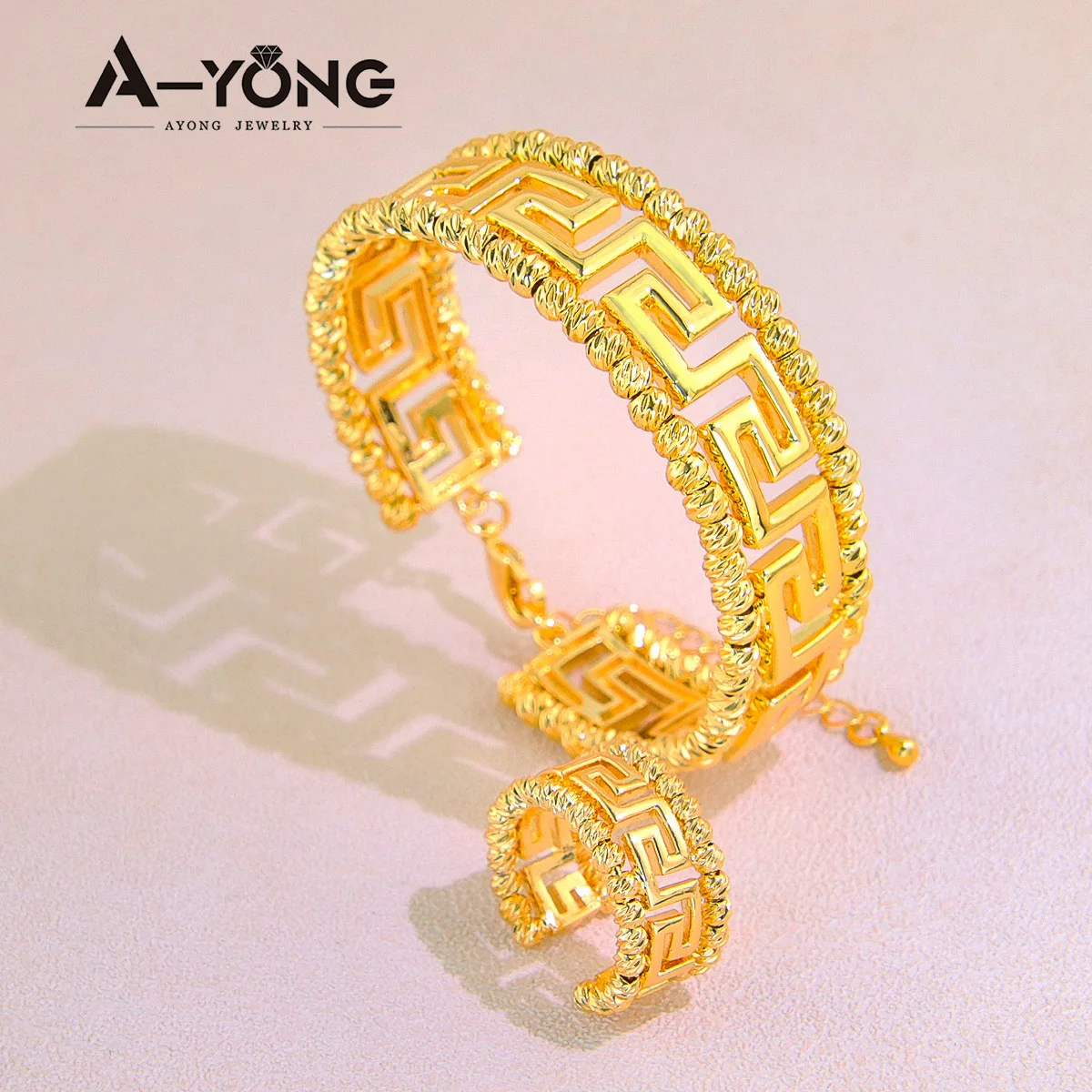 

Simple Stylish Ayong Jewelry Bracelet Bangle Hollow Bracelet Ring Gold Set 24k Gold Jewelry Set