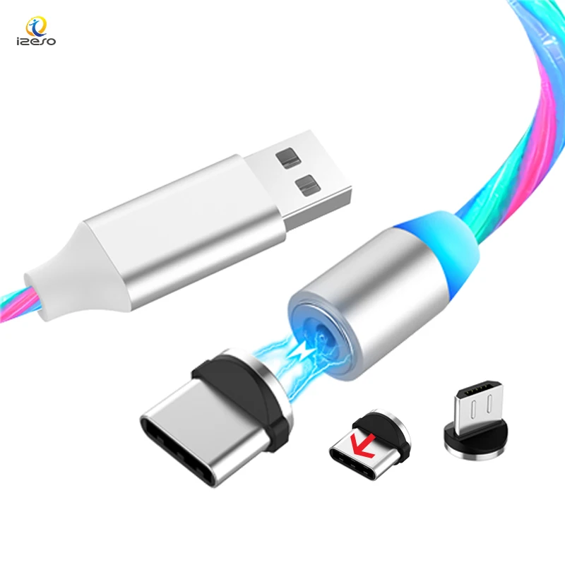 

New Product Wholesale 3 in 1 USB Streamer Led Cables 360 Degree Luminous Magnetic Charging Cable for Mobile Phone izeso, Red, gree, blue, white
