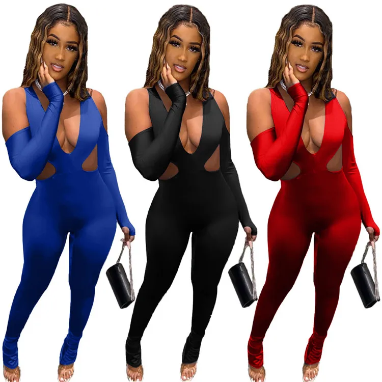 

Bodycon sexy hollow out one piece jumpsuit 2021 women deep v neck pure color slightly ruffled trouser legs long sleeve jumpsuit