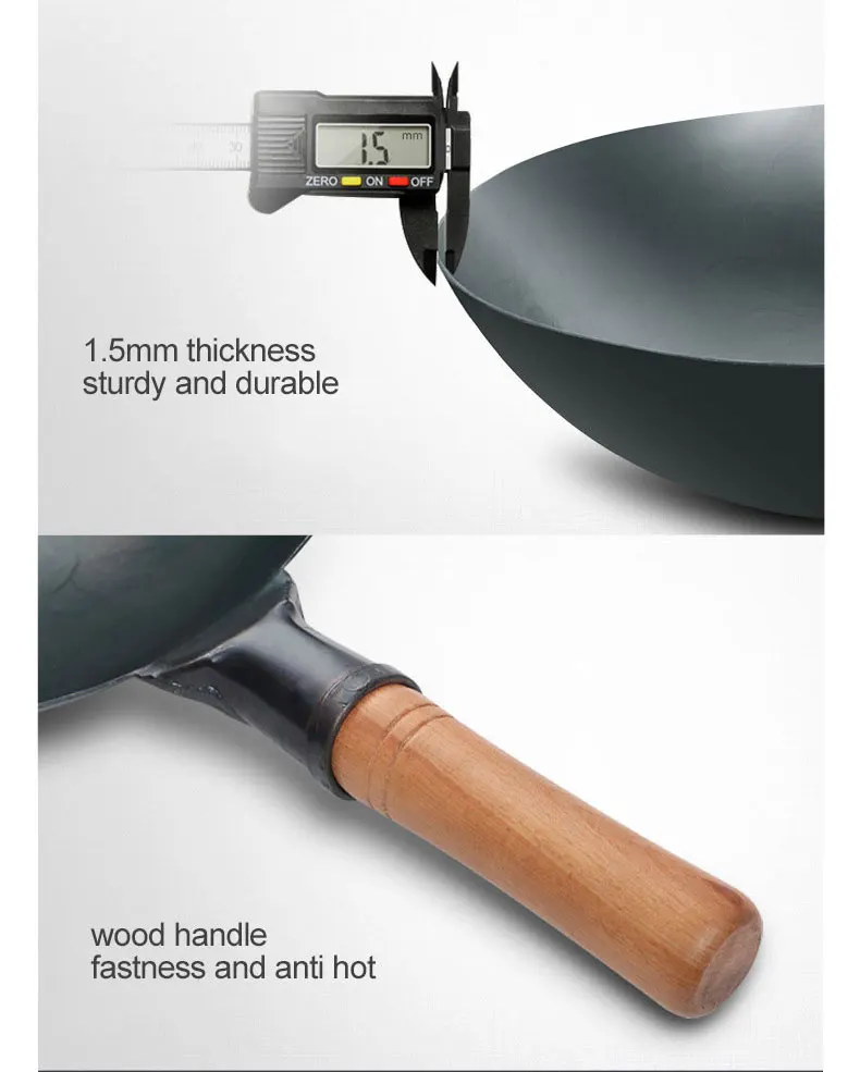 
Chinese Hand Hammered Wok Wooden Handle No Coating Round Bottom Wok Pan 