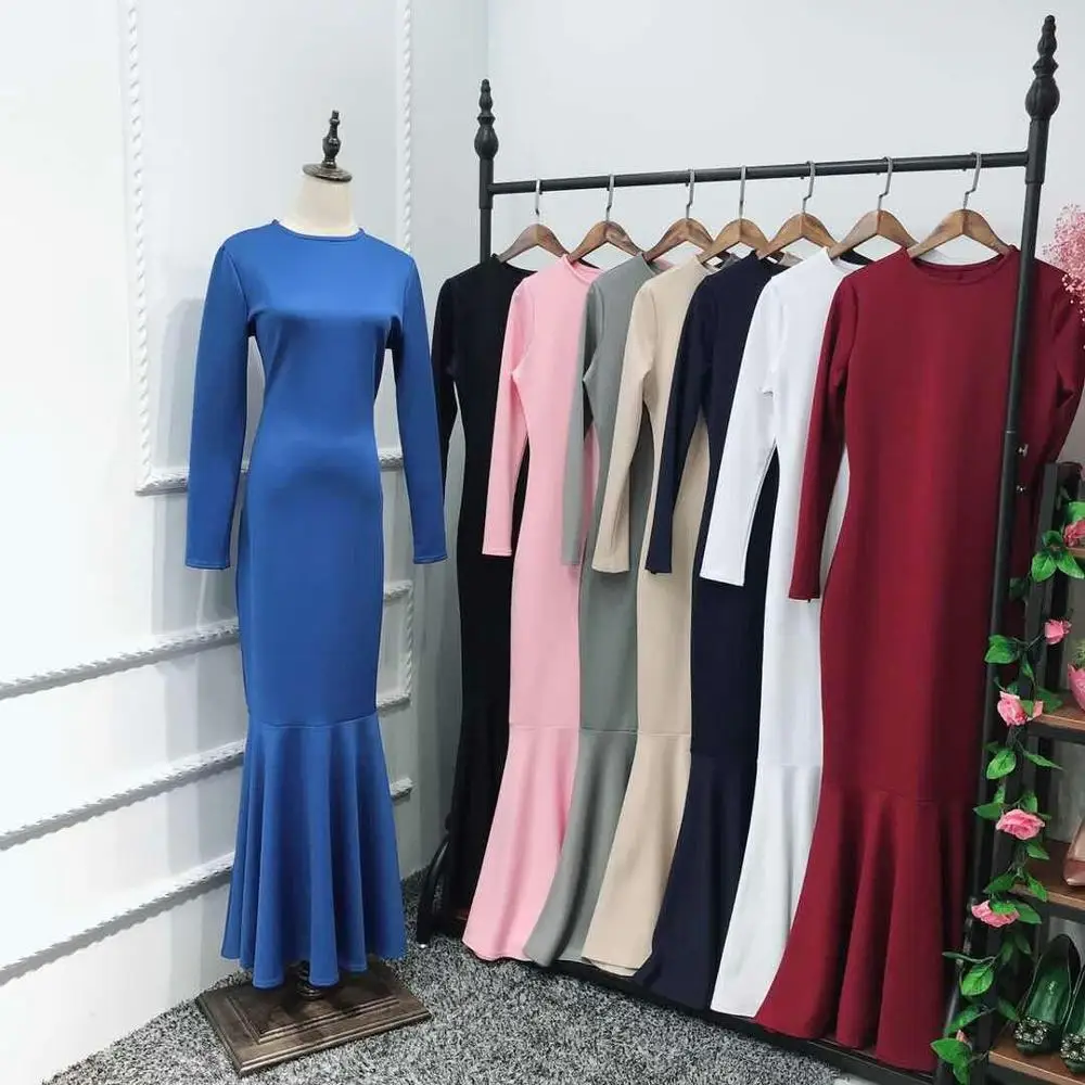 

2019 Latest fashion elegant long sleeves muslim evening party wedding dress for women slim undre dress abaya dubai, Pink,blue,gray, black,white,navy,wine red,beige