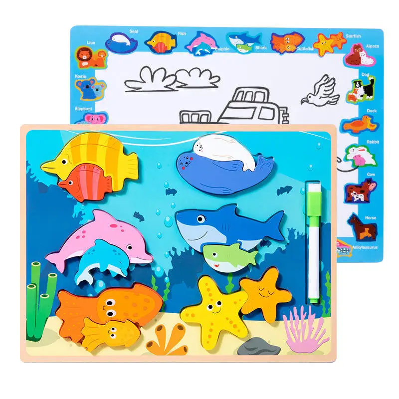 Children Wooden 2 in 1 Educational Parent-child 3D Animal Jigsaw Block Puzzle Montessori Educational Drawing Board Toys for Kids