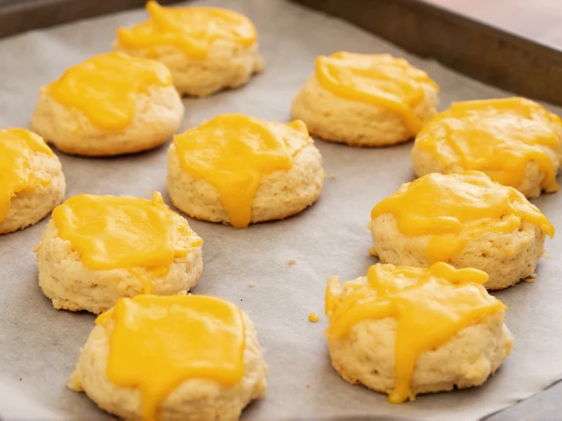 Cheese biscuits with melted cheddar topping on baking sheet