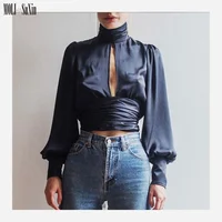 

MOLI 2019 Women sexy backless short blouse Long lantern sleeve vintage satin blouse top Female crop top