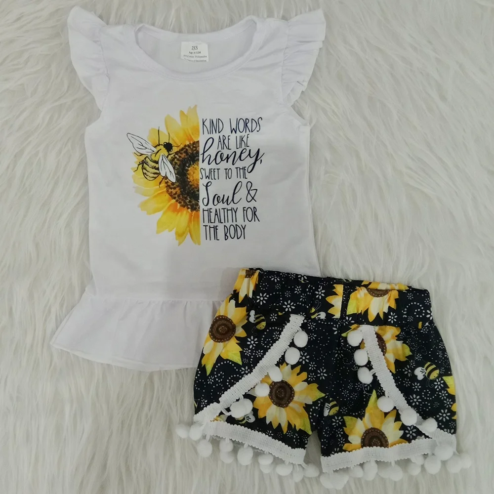 

Wholesale baby girls outfits kids clothes summer flutter sleeve tee shirt pom pom sunflower bee shorts sets clothing sets