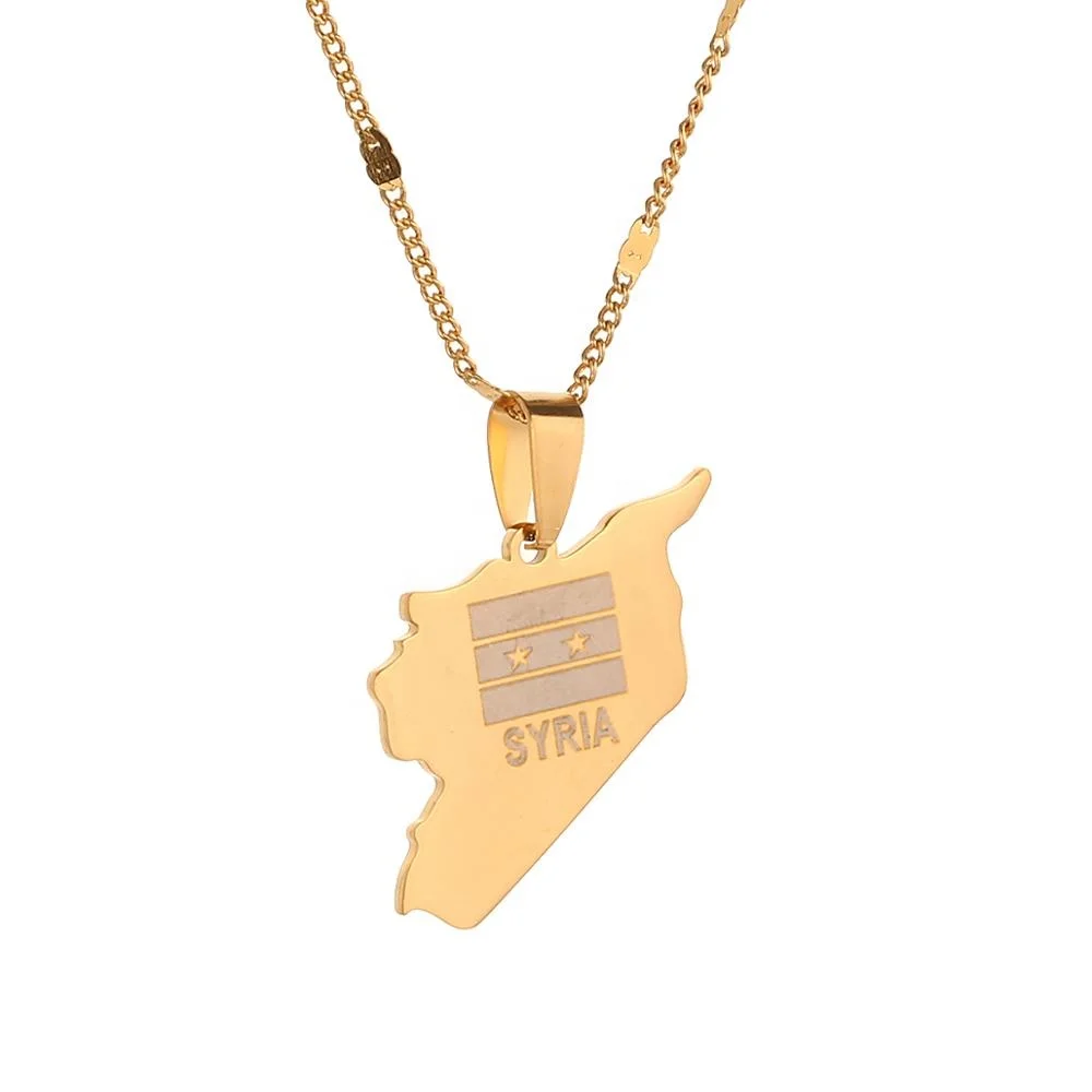 

Stainless Steel Gold Color Syria Map Flag Pendant Necklaces Syrians Chain Jewelry