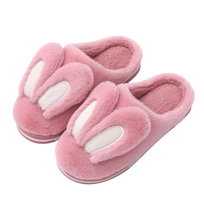 

Cute Rabbit Ear Indoor Winter Slippers Cotton Plush Fluff Slippers Thick Soled Warm Women Elderly Non-Slip Fur Slides, Solid color