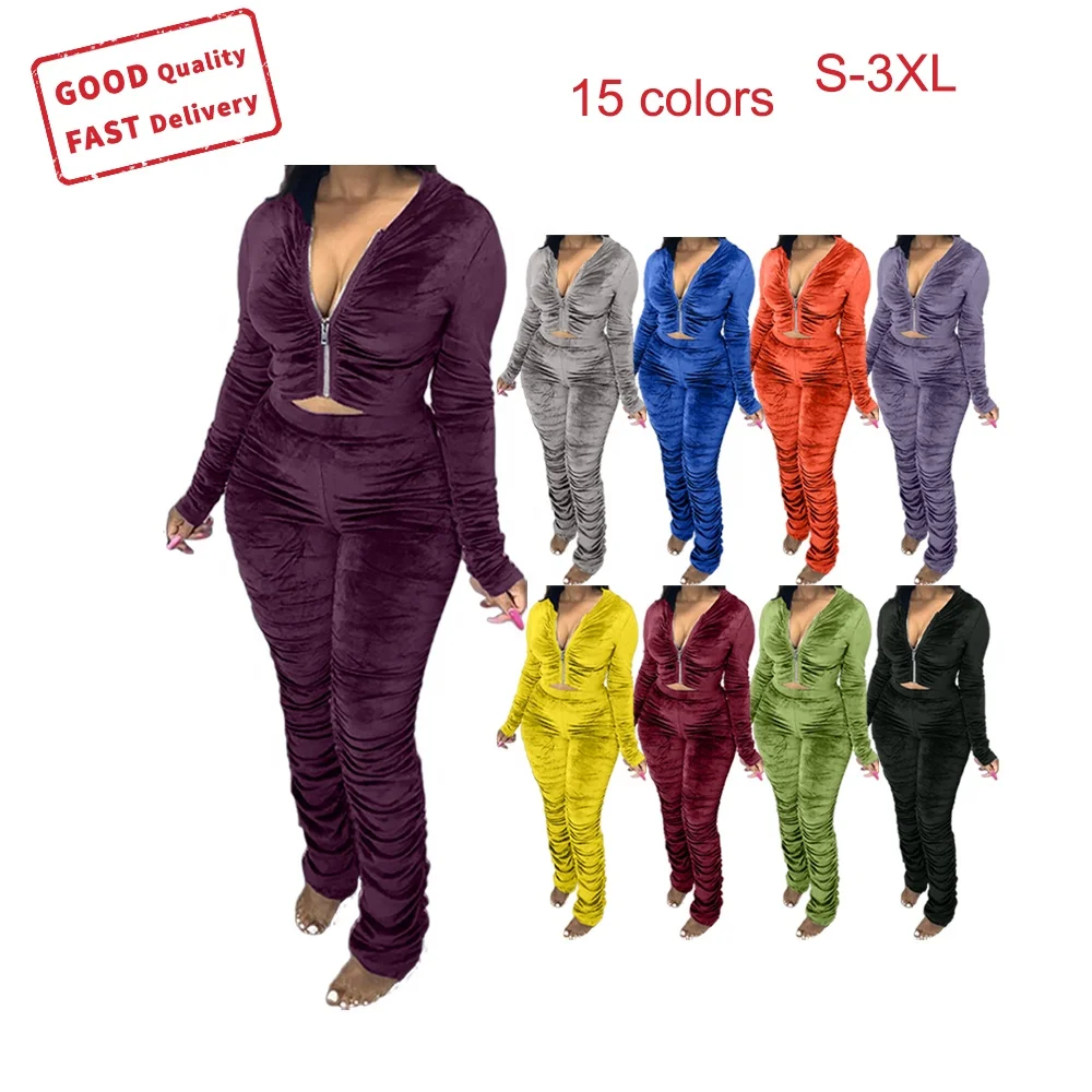

fall winter Solid Color Long Sleeve stack pants 2 Piece Set Women Two Piece Set Women Clothing, Red black pink blue