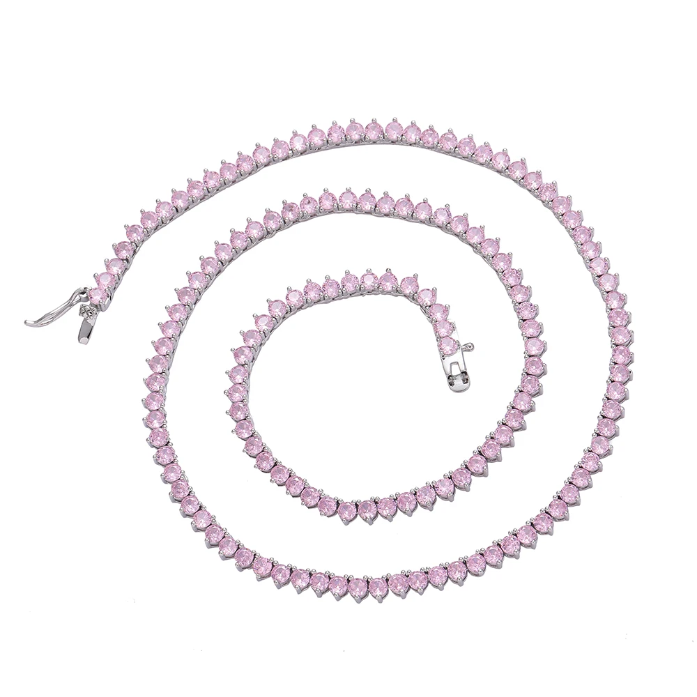 BC104  3mm 16" 18" Brass Setting Pink CZ 3 Prong Tennis Chain Necklace for Women