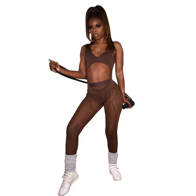 

Summer mesh transparent sex appeal splicing elastic tight trousers 2021 pants for women