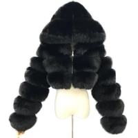 

Short Style Hooded Fur Jacket Women Warm Black Fox Fur Coat Long Sleeve Winter Fur Hood Coat