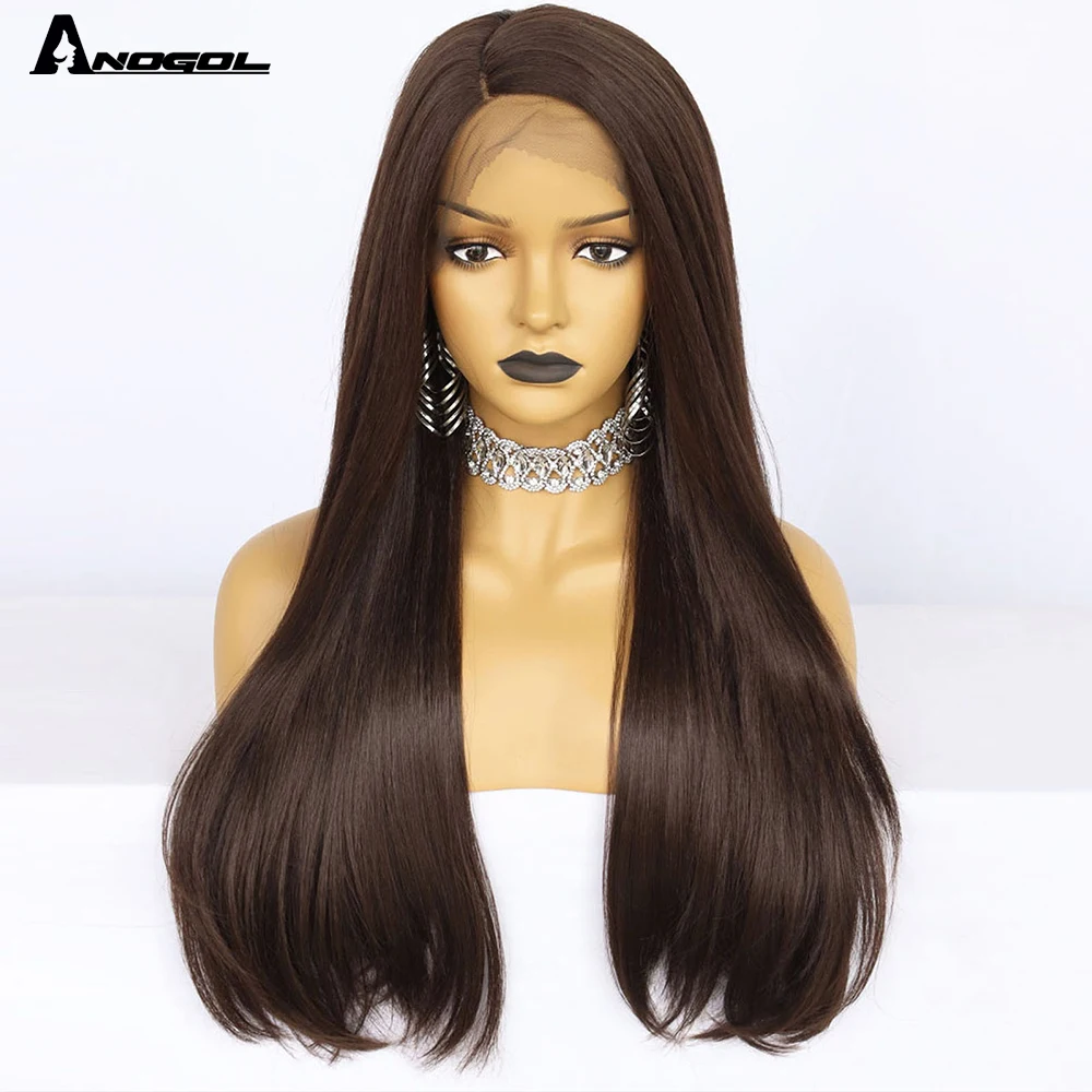 

Anogol Brown Color Long Synthetic Lace Frontal Futura Lace Front Wigs Japanese Fiber from Factory