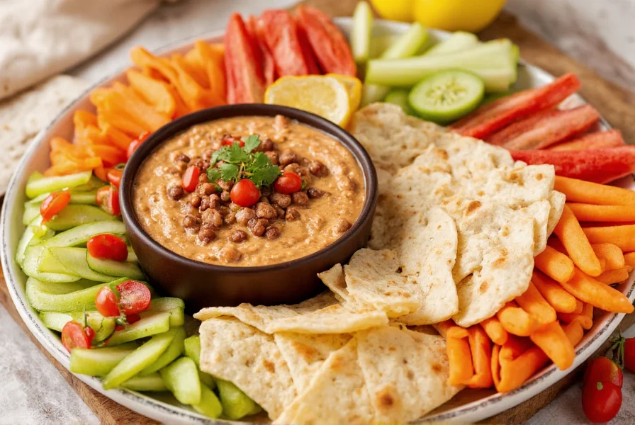 Variety of dippers arranged around a bowl of cream cheese and chili dip including tortilla chips, vegetable sticks, and pita bread