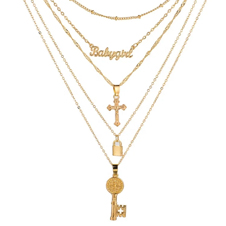 

Fashion Women Bohemian Jewelry Gold Multi Layer English letters Cross Key Lock Choker Necklaces vintage Alloy pendant Jewelry