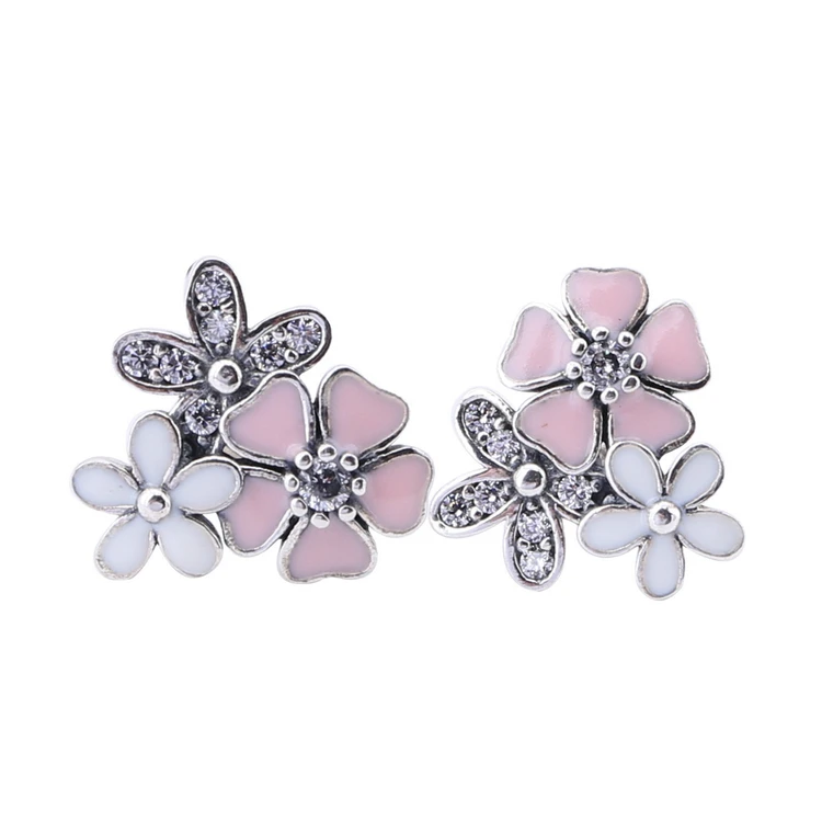 

Trendy unique pink enamel cherry blossom charm stud african earrings, Silver color