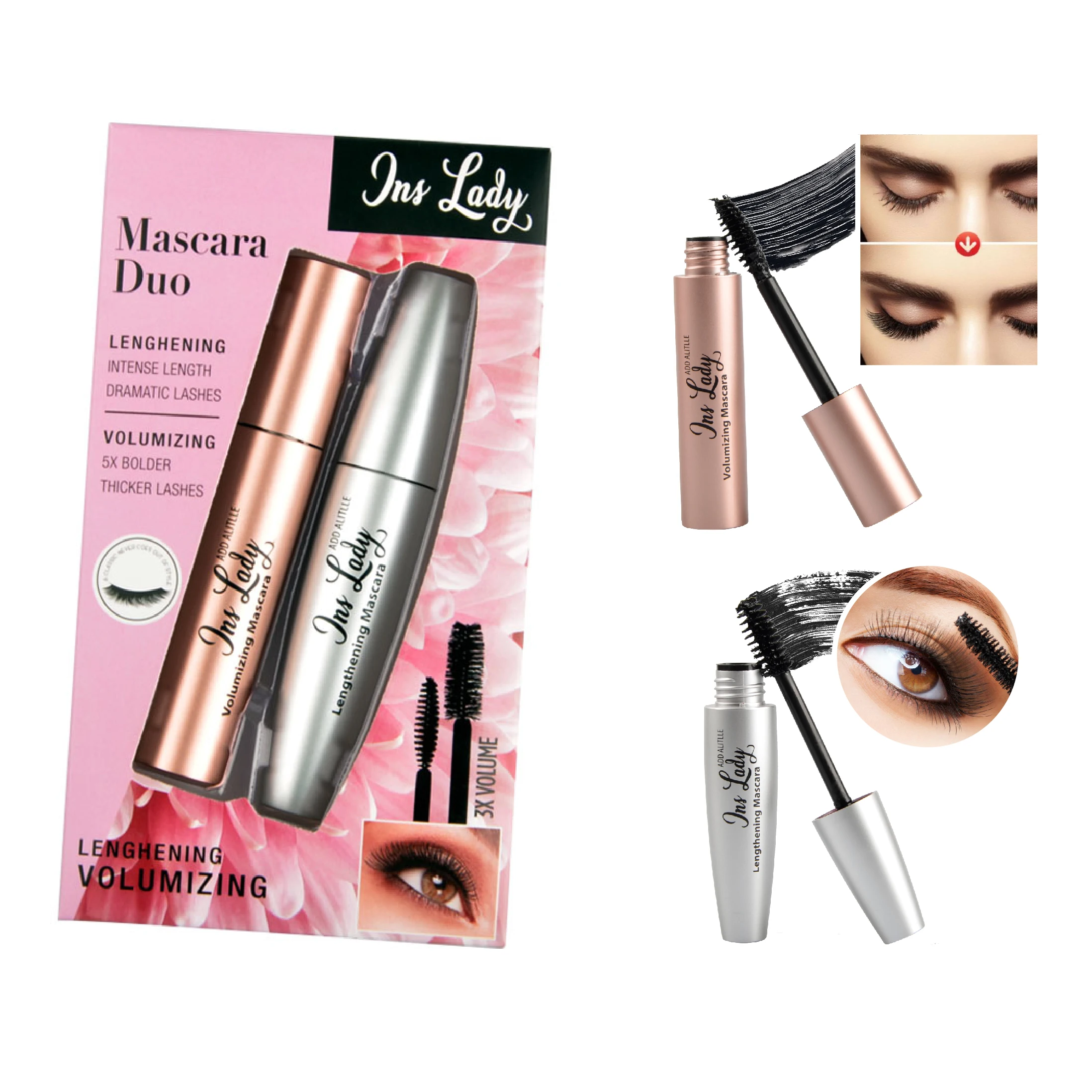 

Ins Lady 2 Paper Box Pack Low MOQ Waterproof Lengthening Volume Mascara