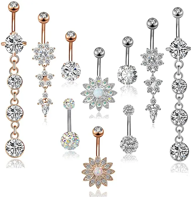 

10Pcs/Set Hot Selling 14G Mix Sexy Ring Stainless Steel Women Navel Piercing Crystal Pendant Fashion Belly Rings Button, Silver ,rose gold