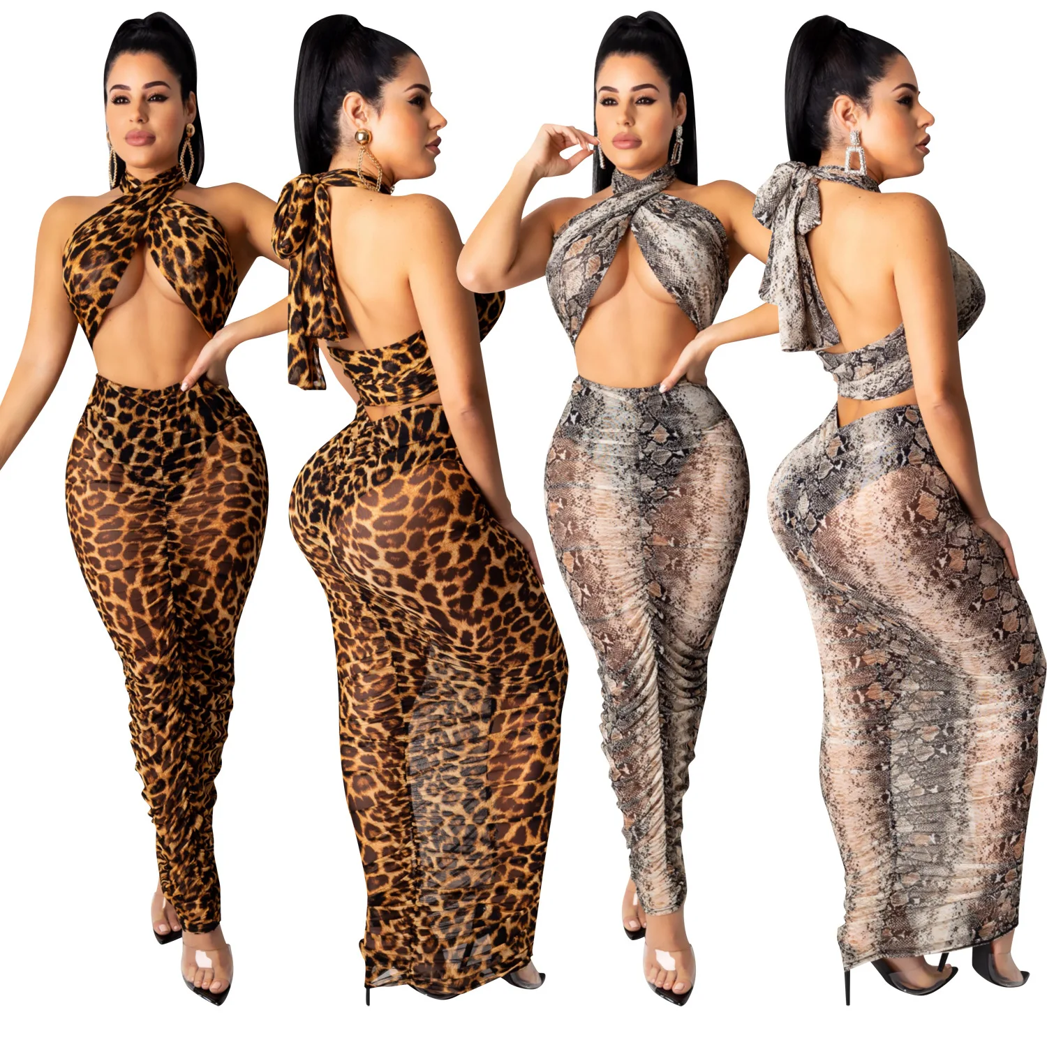 

Leopard dress women sexy summer 2 piece set women clothing cheetah dress ladies bodycon see throughwomans mesh long dresses