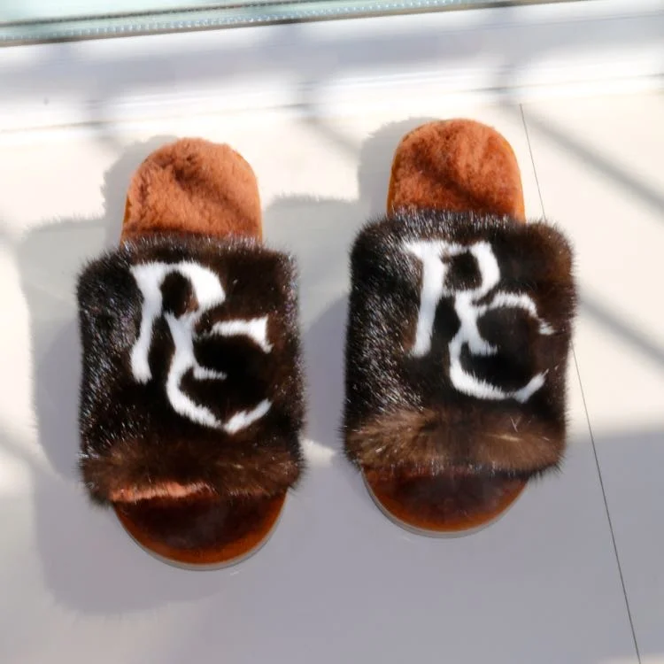 

2020 Wholesale Luxury Indoor Real Mink Fur Slippers For Women Fur Slides Lady Sandals with Custom letter logo Service