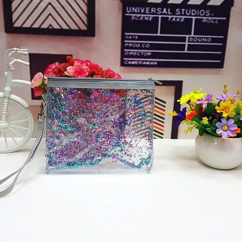 
Fashion glitter sequins colorful double-sided transparent PVC cosmetic bag 