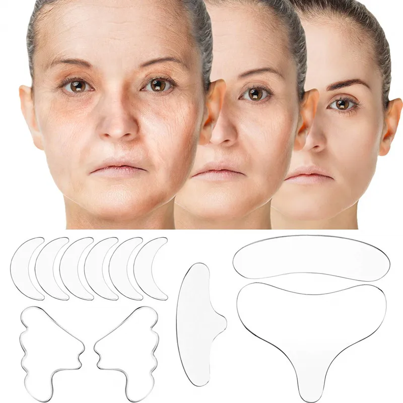 

11pcs reusable medical grade silicone forehead chin eye neck chest face anti wrinkle skin patch pad, Clear, nude, etc