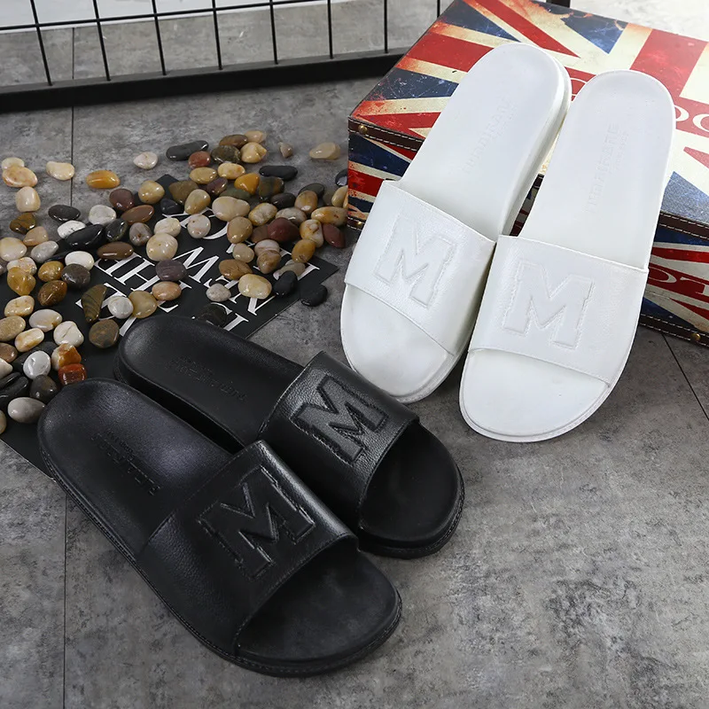 

M Logo Leather Beach Mens Slippers Pu Flat Sandals Ladies Sandal Pvc, White/black/coffee