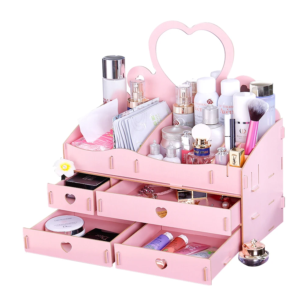 

Wooden DIY Cosmetic Makeup Storage Organizer w/ Mini Swan Love Makeup Mirror Organizer Case, 4 Big Drawers, Pink