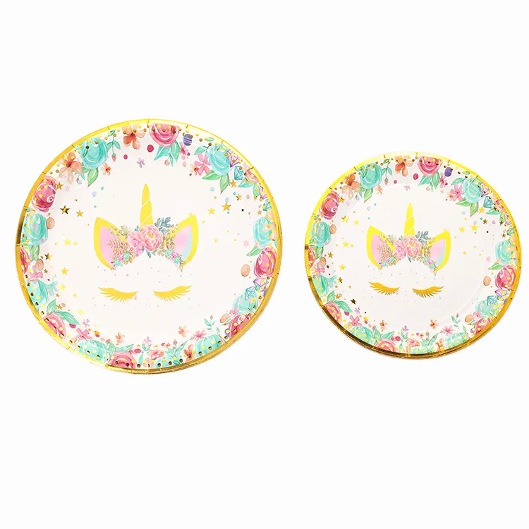 

Disposable Paper Tableware Set Unicorn Design Paper Plates Cups Straw Paper Towel for Party Table Decoration Plate Dish Round, Picture