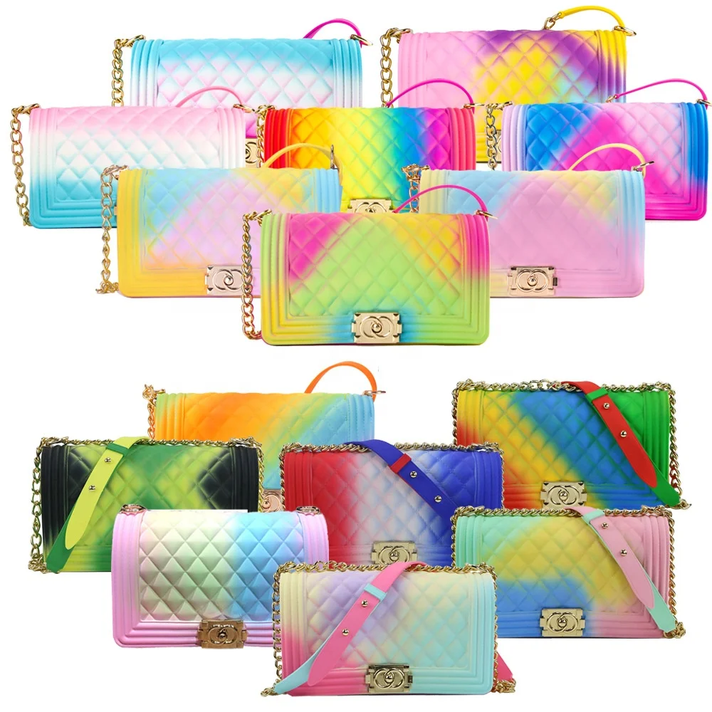 

2021 Summer hot sale women jelly shoulder handbag high quality pvc rainbow luxury brand purse handbag designer girls hand bags, 15 color options