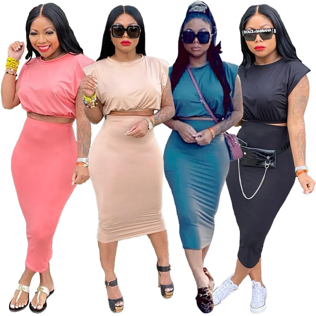 

H8912 2021 New Summer Sleeveless Shoulder Padded T-shirt Two-piece Set, All-match Fashion Casual Suit, Multicolor