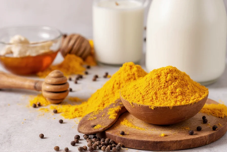 Turmeric golden milk recipe ingredients including turmeric powder, black pepper, coconut milk, and honey arranged on a kitchen counter