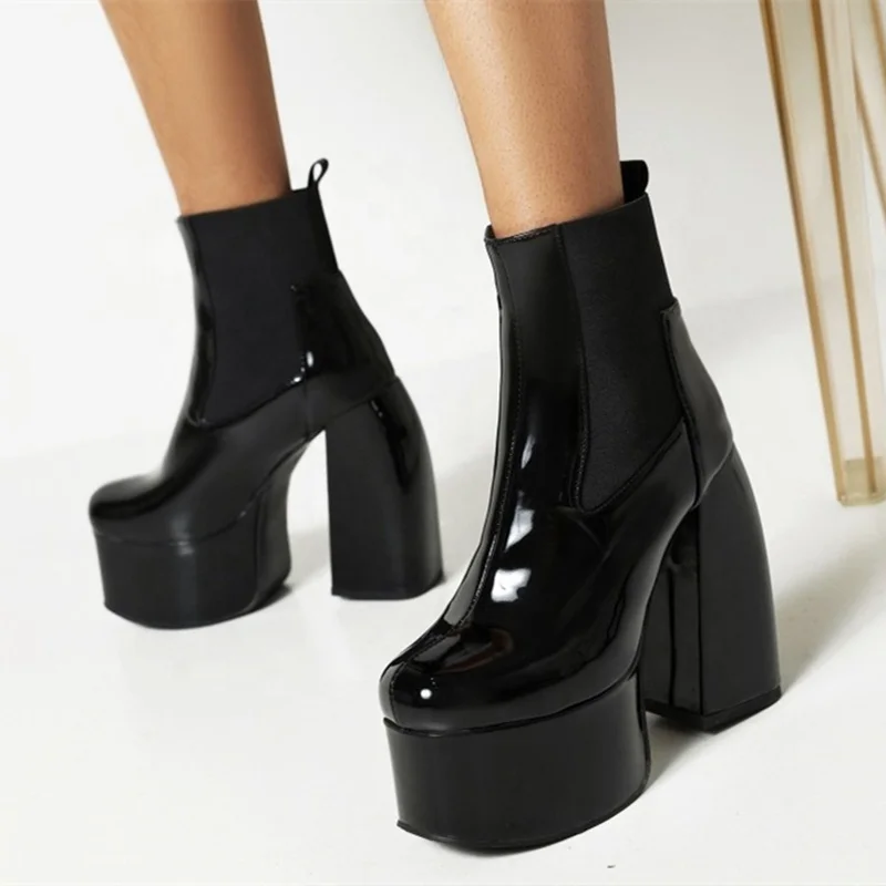

Customized Big Size 46 Women's Boots Microfiber Patent Leather Booty Retro Thick Sole High Chunky Heel Ankle Boots, Black